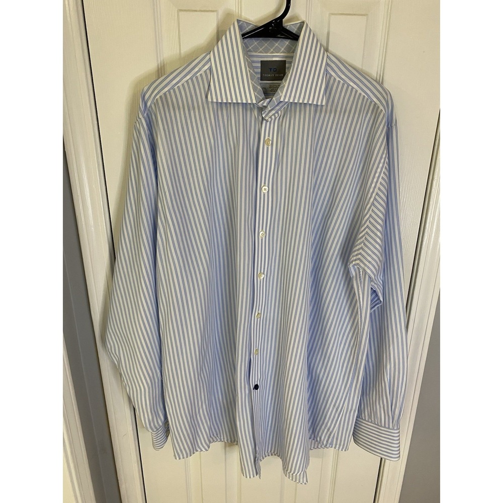 Thomas Dean Button Down Shirt Mens 17XL Blue White Striped Spread Collar Cotton